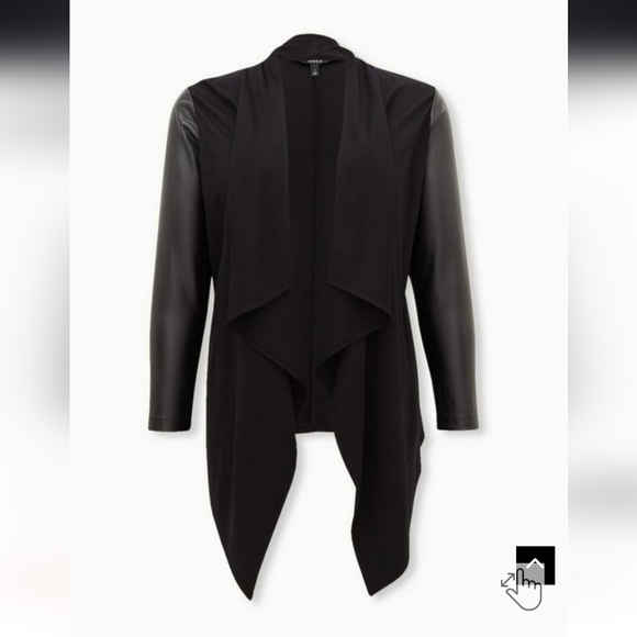 Black Ponte & Faux Leather Drape Front Kimono - Picture 3 of 7